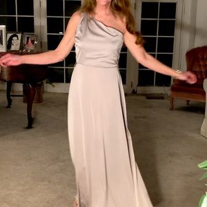 Nicole Miller One Shoulder Floor Length Taupe Satin Gown